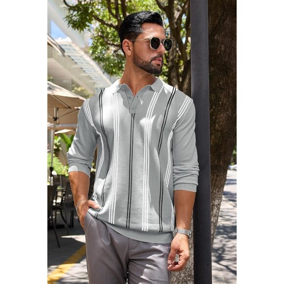 Men's Knit Polo Sweater Long Sleeve Striped Thermal Button Collar Sweater Grey - Picture 7 of 7